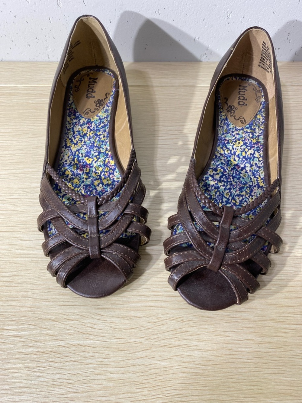 Mudd Brown Strappy Peep-Toe Flats with Floral Insole